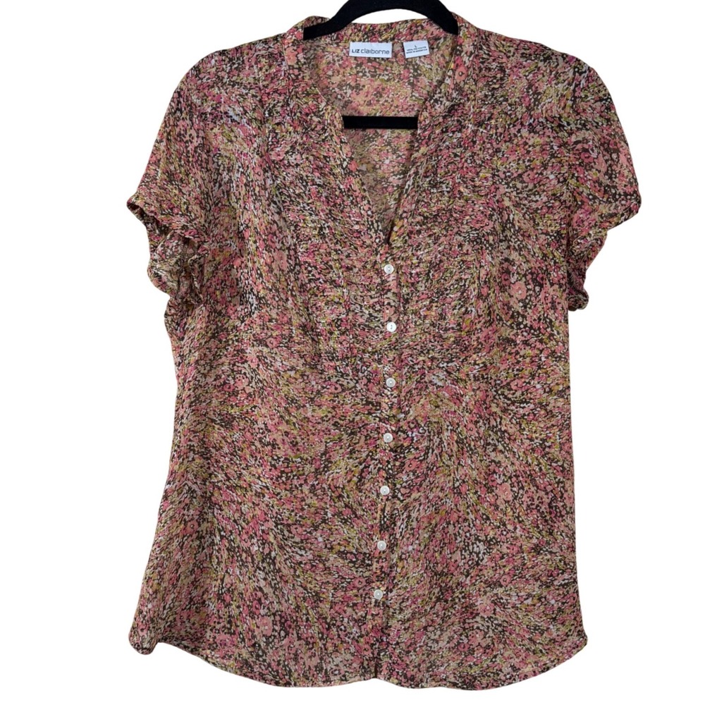 Liz Claiborne Pink Ditzy Floral Pintuck Ruffle Blouse Top Cap SLV Cottagecore L